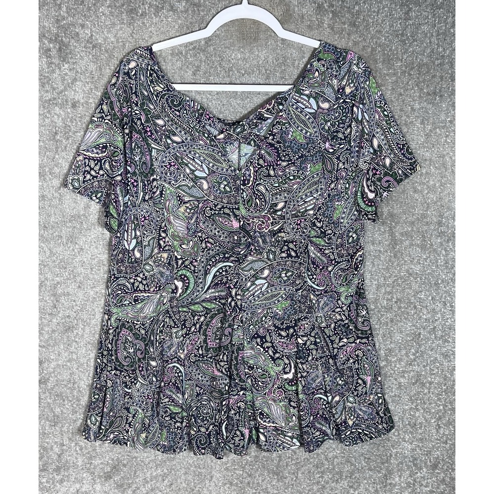 Roz & Ali Scoop Neck Criss Cross Back Top Womens Size 1X Paisley Floral Stretch